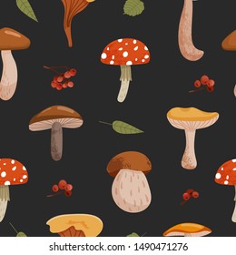 Autumn seamless pattern with various mushrooms, rowan and leaves. Print for fabric, packaging, scrapbooking and wrapping paper. Vector illustration on black background.