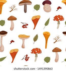 Autumn seamless pattern with various mushrooms, rowan and leaves. Print for fabric, packaging, scrapbooking and wrapping paper. Vector illustration on white background.