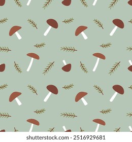 Padrão contínuo de outono com vários cogumelos e ramos de abeto em um fundo branco.