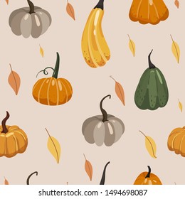 Autumn seamless pattern. Various pumpkins and leaves. Print for fabric, web page background, seasons greeting cards, scrapbooking and wrapping paper. Vector illustration.