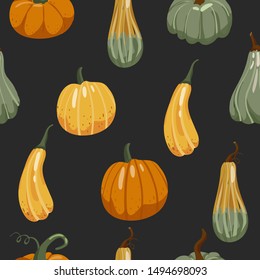 Autumn seamless pattern. Various pumpkins. Print for fabric, web page background, seasons greeting cards, scrapbooking and wrapping paper. Vector illustration on black background.