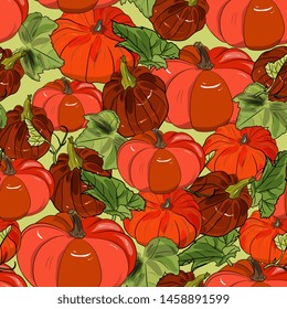  Autumn seamless pattern of  various pumpkinsThanksgiving day,Halloween background.Vector autumn illustration of vegetables.for wrap paper,wallpaper, background,fabric print.Detailed  hand drawn