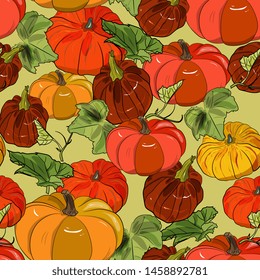  Autumn seamless pattern of  various pumpkinsThanksgiving day,Halloween background.Vector autumn illustration of vegetables.for wrap paper,wallpaper, background,fabric print.Detailed  hand drawn