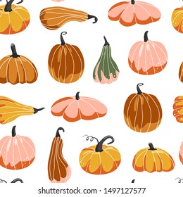 Autumn seamless pattern. Various shape of pumpkins. Print for fabric, web page background, seasons greeting cards, scrapbooking and wrapping paper. Vector illustration.