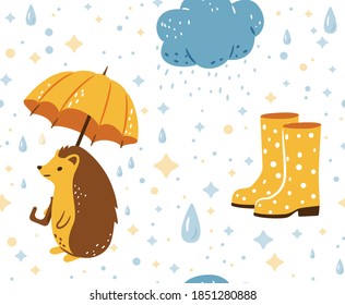 Autumn seamless pattern vector background with happy hedgehog walking under rain holding big yellow umbrella, blue clouds and polka dot yellow rubber boots.