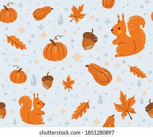 Autumn seamless pattern vector background with happy squirrel, water drops, fall leaves, acorns and pumpkins.