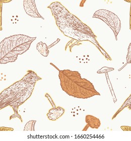 Autumn seamless pattern vector. Bird leaf and mushroom, natural hand draw sketch vector.