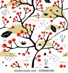 Autumn seamless pattern. Vector with cartoon rowan branches, decorative elements. season. nature theme. Design for fabric, print, textile, wrapping paper