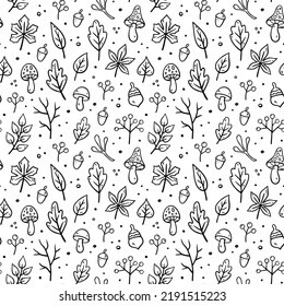 Autumn seamless pattern. Vector floral illustration in doodle style. Fall pattern with Autumn elements - mushrooms, oak leaves, maple leaves, autumn leaves, acorns, dry twigs.