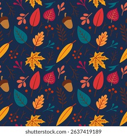 Autumn seamless pattern. Vector floral illustration. Autumn elements - acorn, apple, leaves, berries. Fall pattern on dark blue background. Doodle style. Vector floral illustration.