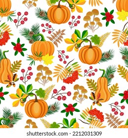 Autumn seamless pattern, vector, hand drawn orange pumpkins with colourful leaves and red berries on white background.