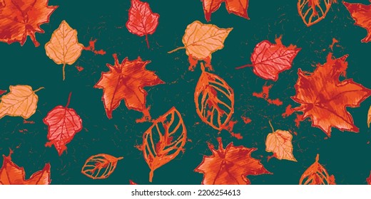 Autumn seamless pattern vector. Hand-drawn leaves with watercolor effect design for fabric prints in fall fashion