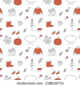 Autumn seamless pattern vector illustration, hand drawing orange and outline doodles