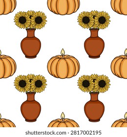 Autumn seamless pattern vector with pumpkins, sunflower bouquets in vases and candles for cozy fall home decor.