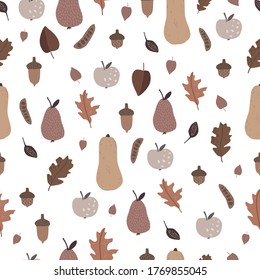 Herbstnahtloses Muster. Vektor-Verpackungspapiervorlage. Blätter, Äpfel, Birnen, Eichhörnchen, Kürbisse.