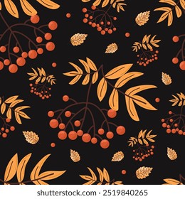 Autumn seamless pattern with vibrant berries and golden leaves on dark background. Vector cute berries in fall wild life concept. For wallpaper, prints, wrapping paper.
