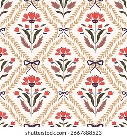 Autumn seamless pattern, victorian style, floral design, flowers bouquets and bows, elegant wallpaper, retro background