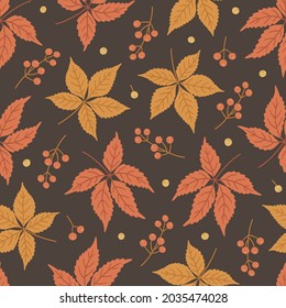 Herbstnahtloses Muster mit frischen Buchenblättern und Beeren. Vektorgrafik auf braunem Hintergrund. Herbstschmuck. Blattdruck für Stoff, Verpackung, Umhüllung, Wandkunst. Rot, orangefarben.