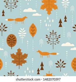 Autumn seamless pattern,   wallpaper, autumnal leaves and trees, fall background, stylized trees, leaves ,fox