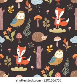 Autumn seamless pattern, wallpaper, cute childish background design with woodland animals ,fox, owl, hedgehog and seasonal vegetation