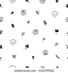 Autumn seamless pattern. Wallpapers with pumpkins, leaves, flowers, mushrooms, clouds and plants. Abstract background with different hand drawn autumn items. Vector.