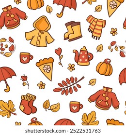 Autumn seamless pattern. Warm and cozy autumn things, hand drawn. Raincoat, sweater, teapot and cup, autumn leaves. Cute background.