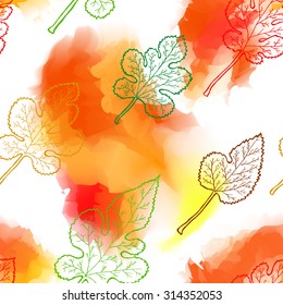 Autumn seamless pattern with watercolor effect. Leaves of the mulberry tree with soft background. Vector illustration.