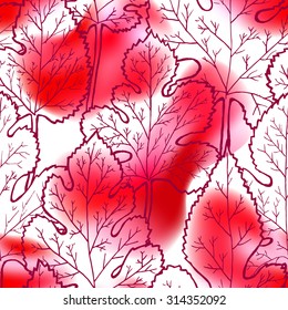 Autumn seamless pattern with watercolor effect. Leaves of the mulberry tree with soft background. Vector illustration.