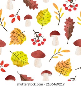 Autumn seamless pattern with watercolor fall leaves, berries and mushrooms. Fall vector background