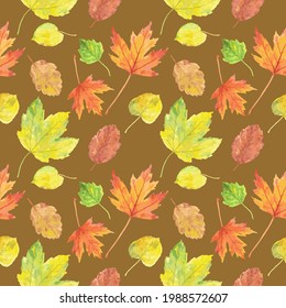 Autumn seamless pattern with watercolor leaves. For printing wrapping paper, wallpaper, packaging, fabric. Hand Drawn vector illustration.