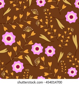 Autumn seamless pattern with weed,flowers and leaves on a brown background.Vector illustration.