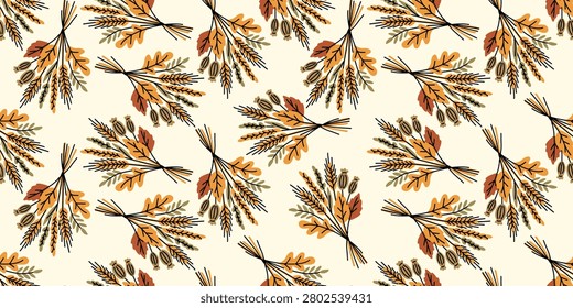 Autumn seamless pattern with wheat bouquets, poppy pods and oak leaves on light cream background. Minimalist fall pattern featuring rustic dry flower bouquets, wheat ears, poppies and colorful foliage on bright backdrop. Ideal for Thanksgiving decor, wrapping paper and textiles.
