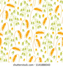 Autumn seamless pattern with wheat and oat on white background. Perfect for seasonal and Thanksgiving Day greeting cards 