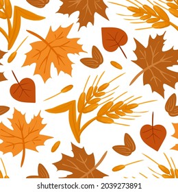 Autumn seamless pattern with wheat and yellow leaves. Cartoon vector harvest background