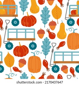 Autumn seamless pattern with wheelbaarows, pumpkins, leaves and branches vector illustration
