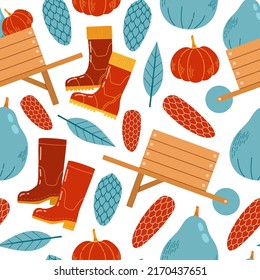 Patrón ininterrumpido de otoño con carretillas, calabazas, hojas y ramas ilustraciones vectoriales