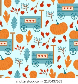 Autumn seamless pattern with wheelbaarows, pumpkins, leaves and branches vector illustration