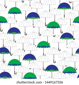 Autumn seamless pattern with white and color umbrellas on white background. Vector illustration for fabric, textile, wallpaper, posters, gift wrapping paper, napkin, pajamas. Print for children.