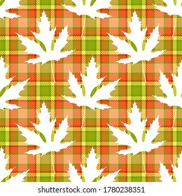 Autumn seamless pattern of white maple (acer saccharinum) leafs silhouettes on checkered tartan plaid textile background of red, green, yellow, orange and pink colors