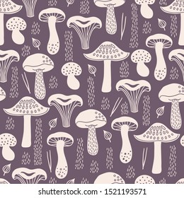 Autumn seamless pattern with white silhouette mushrooms, leaves, fir needles on violet background. Scandinavian style. Perfect for greeting cards, wallpaper, gift paper, seasonal decorations