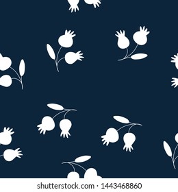 Autumn seamless pattern with white sprigs on deep blue background. Vector illustration for fabric, textile, wallpaper, posters, gift wrapping paper, pajamas. Print for children. Doodle style. 