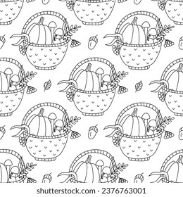 Autumn seamless pattern with wicker basket full of mushrooms, pumpkin and berries. Fall doodle vector hand drawn illustration.