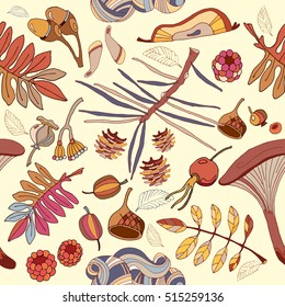 Autumn seamless pattern wild forest cute pattern with autumn leaves, hand drawn vector 