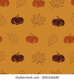 autumn seamless pattern witn pumpkin and leaves yellow background