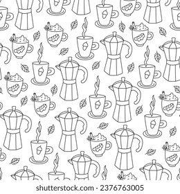 Patrón ininterrumpido de otoño con cafetera, tazas de té y hojas. Ilustración dibujada a mano por el vector del doodle de caída.