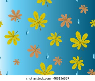Autumn seamless pattern: yellow and brown chestnut leaves and rain drops on a blue background. Vector illustration
