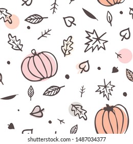 Autumn seamless pattern yellow and green fall leaves and pumpkins. Doodle vector ornament isolated on white background.