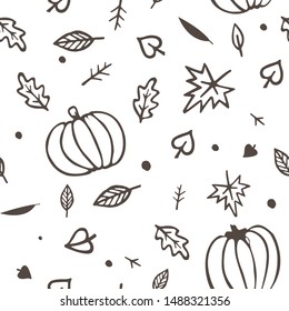 Autumn seamless pattern yellow and green fall leaves and pumpkins. Doodle vector ornament isolated on white background.