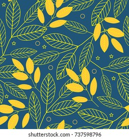 Autumn seamless pattern of yellow leaves on a blue background with stars and circles. Vector.
