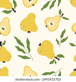 Patrón sin fisuras de otoño con peras y hojas amarillas. Diseño de textura moderna para papel, tela, cubierta con frutas jugosas. Vector dibujado a mano de fondo. 